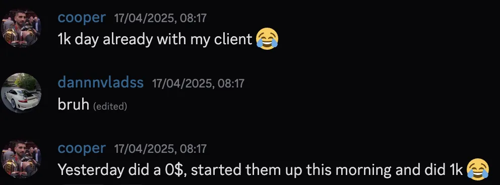 cooper — $1k day already with client