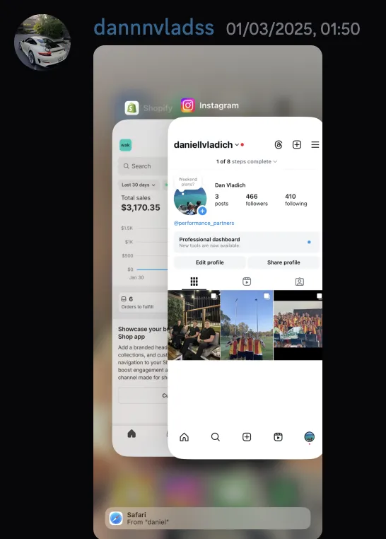 dannnvladss — client Shopify $3,170 sales and Instagram growth