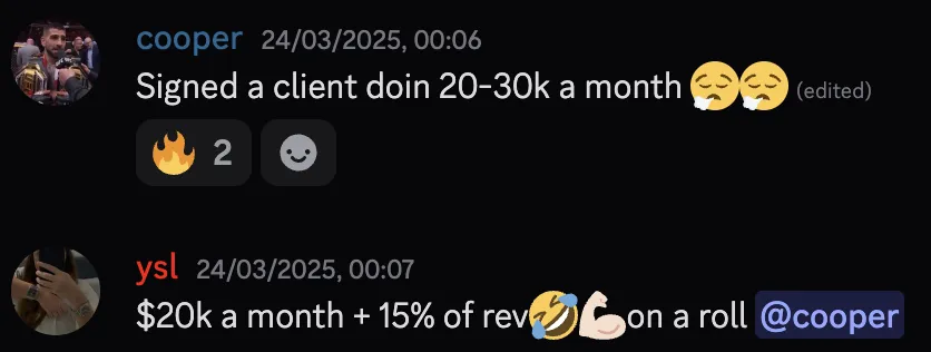 cooper — signed client doing $20k a month plus 15% of revenue