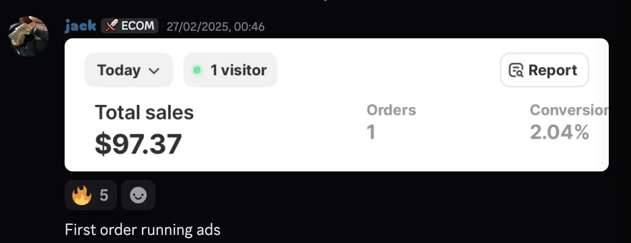 Jack — first order running ads, $97.37 sales, 2.04% conversion