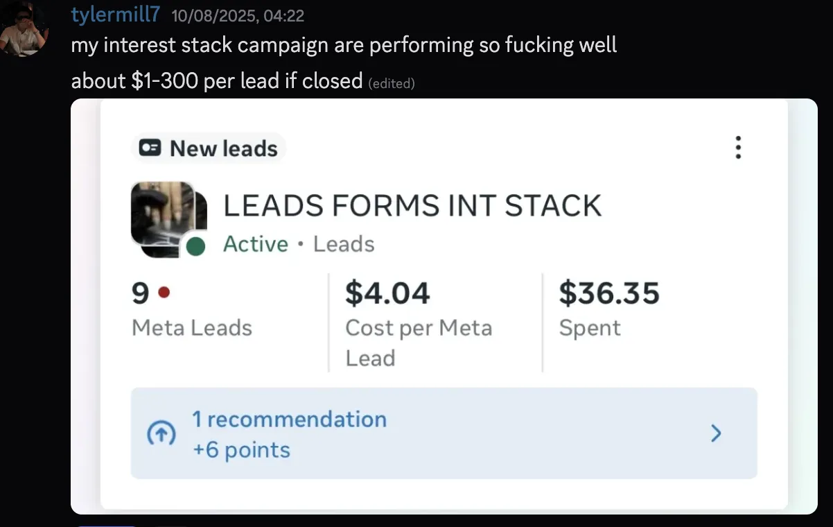 tylermill7 — interest stack campaigns, $4.04 per lead