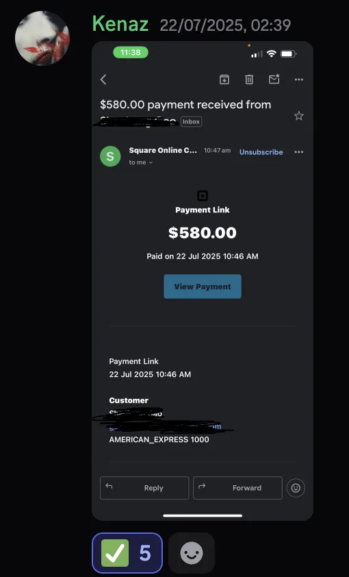 Kenaz — $580 payment received