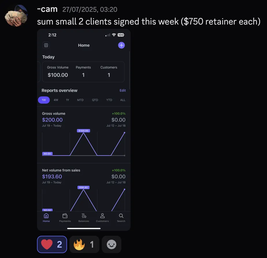 cam — 2 clients signed this week, $750 retainer each
